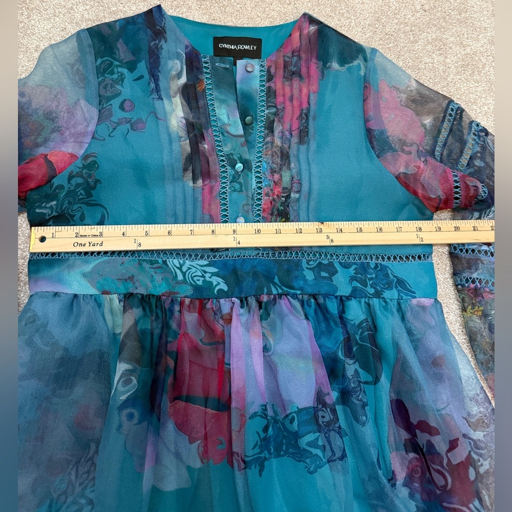 Cynthia Rowley Teal Watercolor Organza Mini Dress - size Small - PRISTINE - Picture 12 of 15